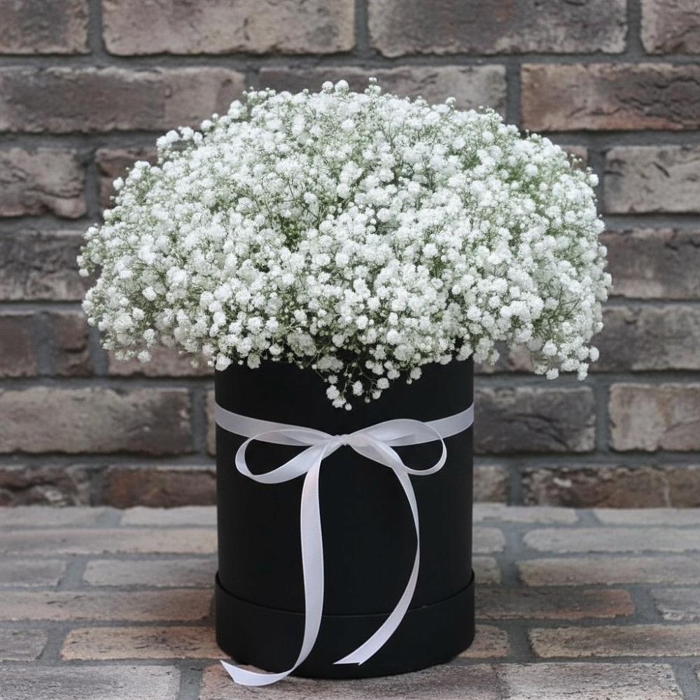 Цветочная композиция из Гипсофила в шляпной коробке в ЗАТО Сибирском