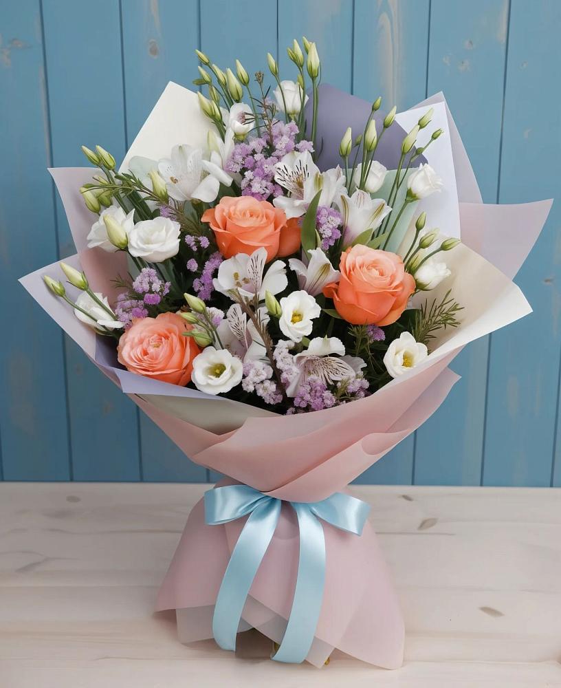 Букет цветов из: Лизиантусы, Розы, Альстромерии и Гипсофила в ЗАТО Сибирском
