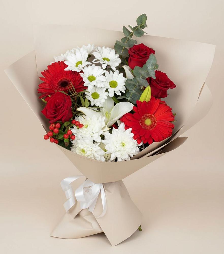 Букет цветов из: Розы, Хризантемы, Герберы и Лилии в ЗАТО Сибирском