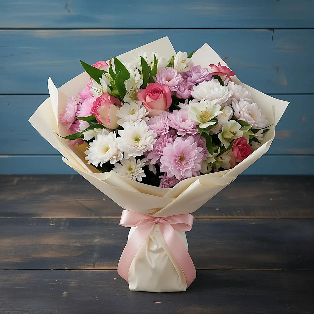 Букет цветов из: Хризантемы, Альстромерии и Розы в ЗАТО Сибирском